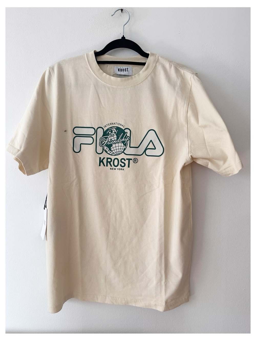 NWT KROST X FILA Oversized Tee Men Size small cream with green logo
